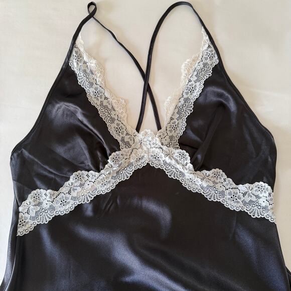 SINCERELY JULES Black Satin bias cut Maxi Dress white lace trim V Neck XL - Picture 7 of 10